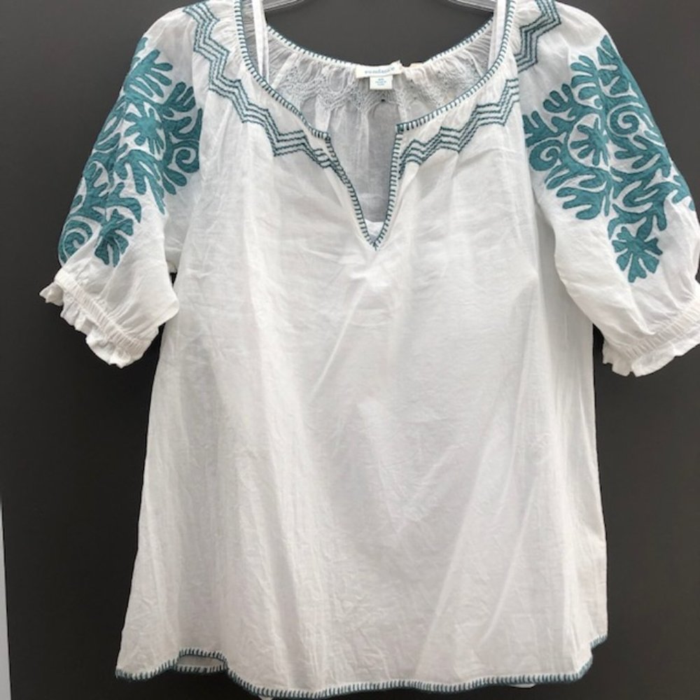 Anissa cotton top with teal embroidery. NEW!
